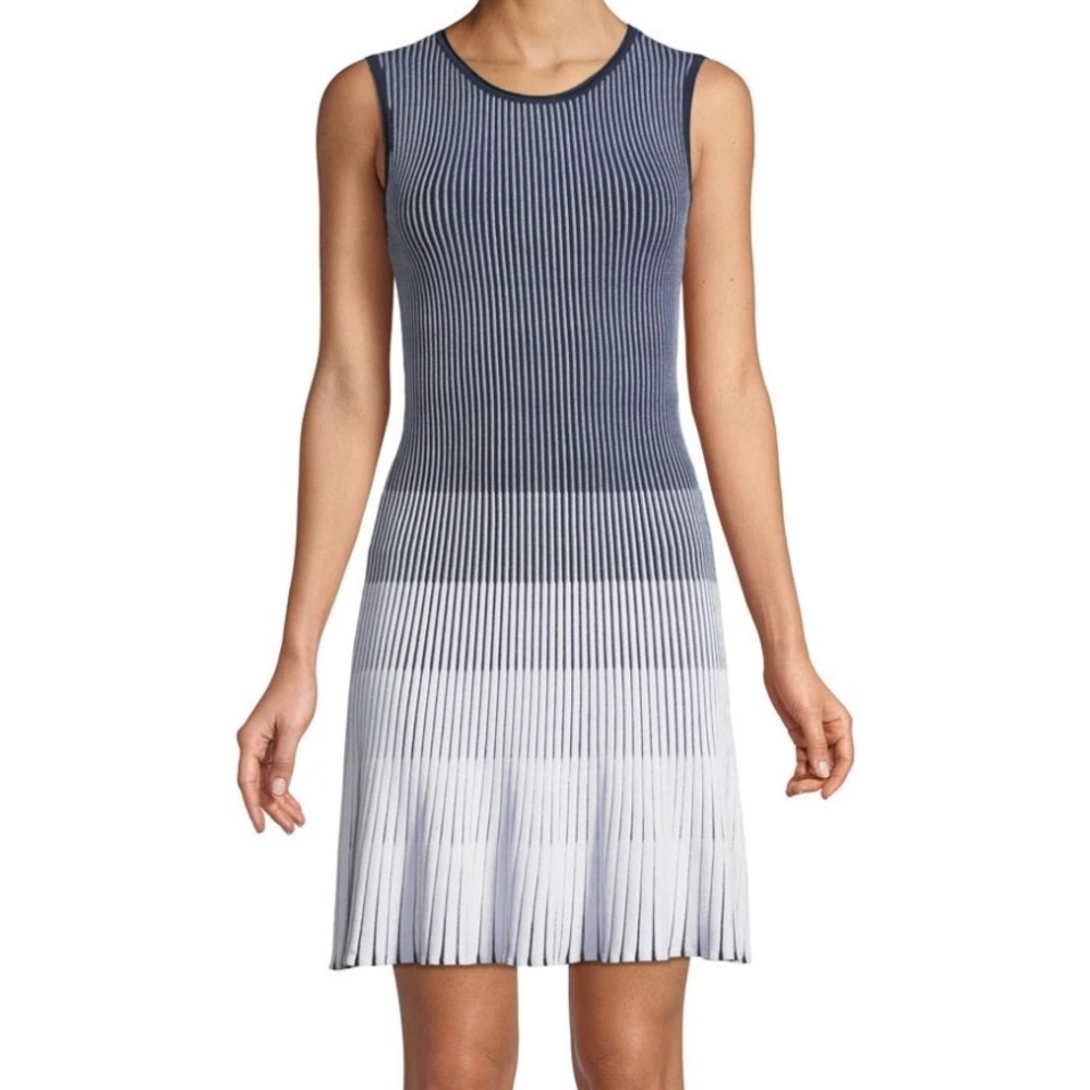 Shoshanna Laidley Ribbed Knit Pleated Ombre Dress White Navy Stretchy - Small